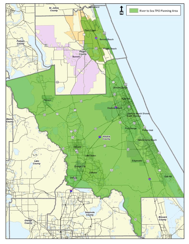 Map of the TPO Planning area including all of Volusia County and eastern parts of Flagler County